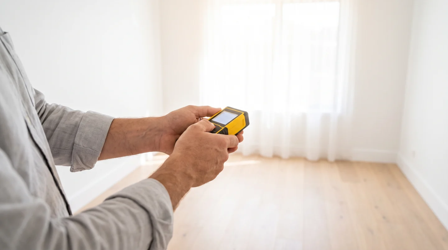 A valuer measuring an empty room with a handheld laser distance meter