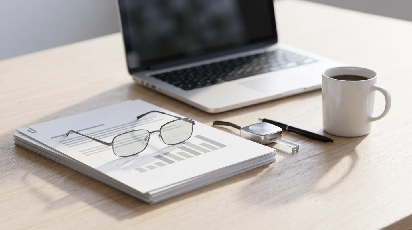 A printed valuation report on a desk with reading glasses, tape measure and laptop